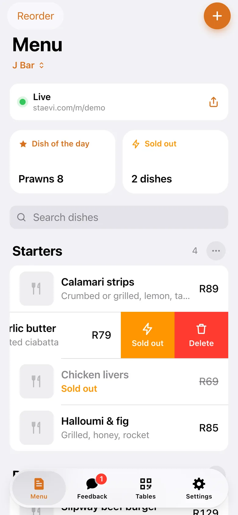 The staevi app’s menu list with one dish swiped left, showing Sold out and Delete buttons.