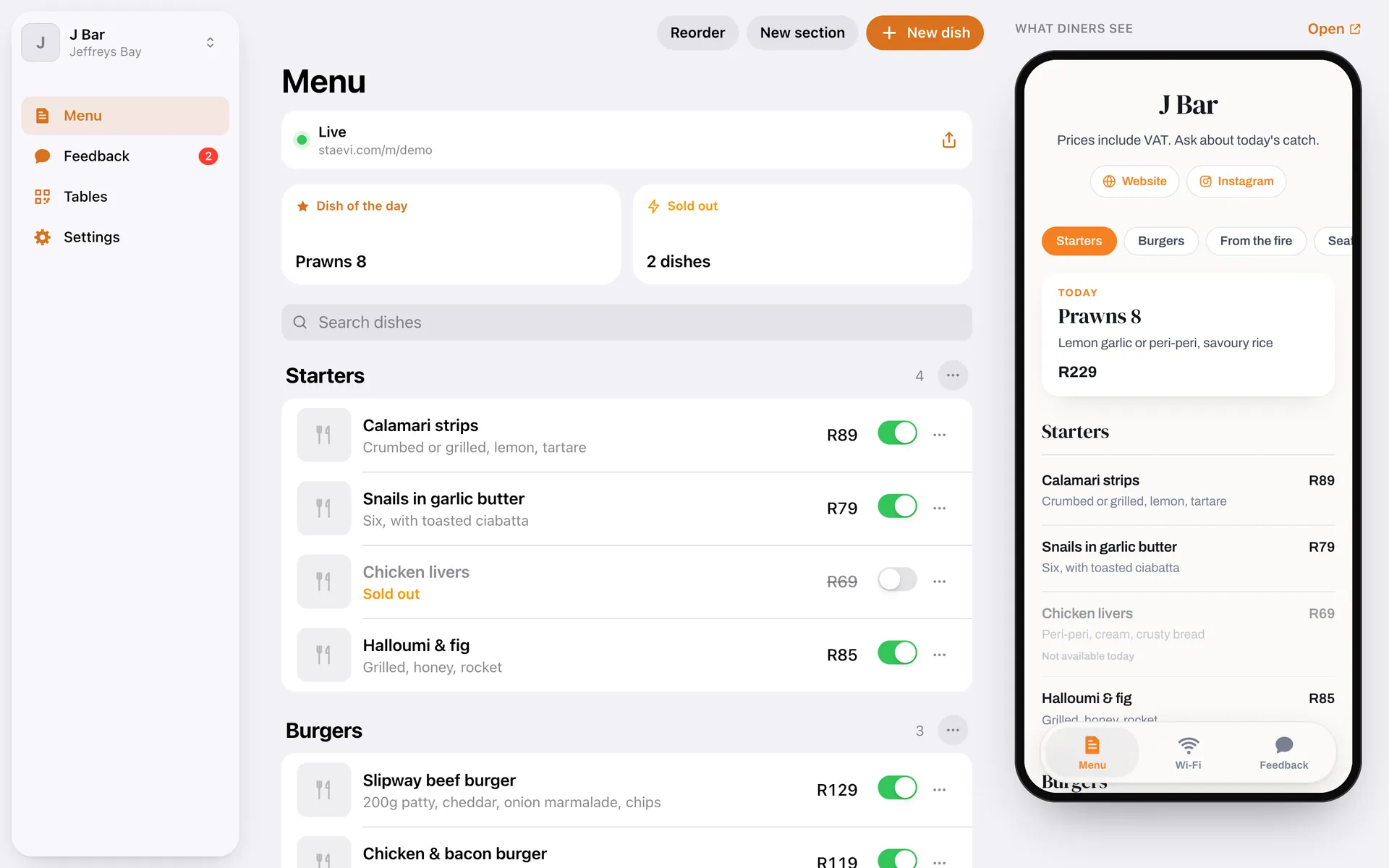 The staevi app on a computer: a sidebar, J Bar’s dishes with an on-off switch on each, and beside them the menu exactly as a diner sees it.