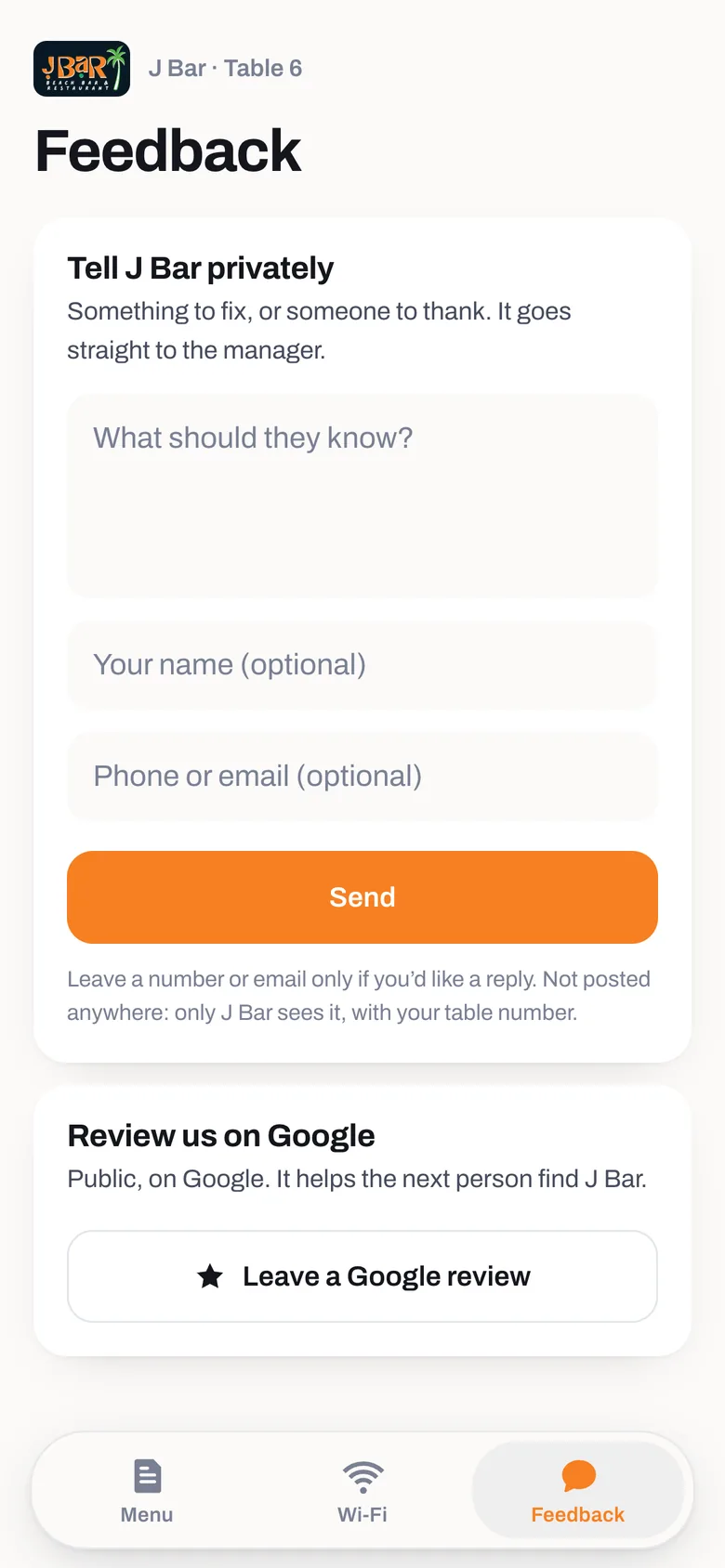 The Feedback tab: Tell J Bar privately, a note box, optional name and contact, and below it a Leave a Google review button.