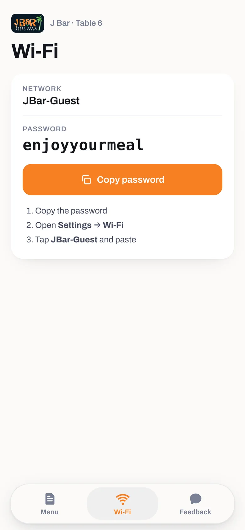 The Wi-Fi tab of J Bar’s menu: network JBar-Guest, the password, and a Copy password button.
