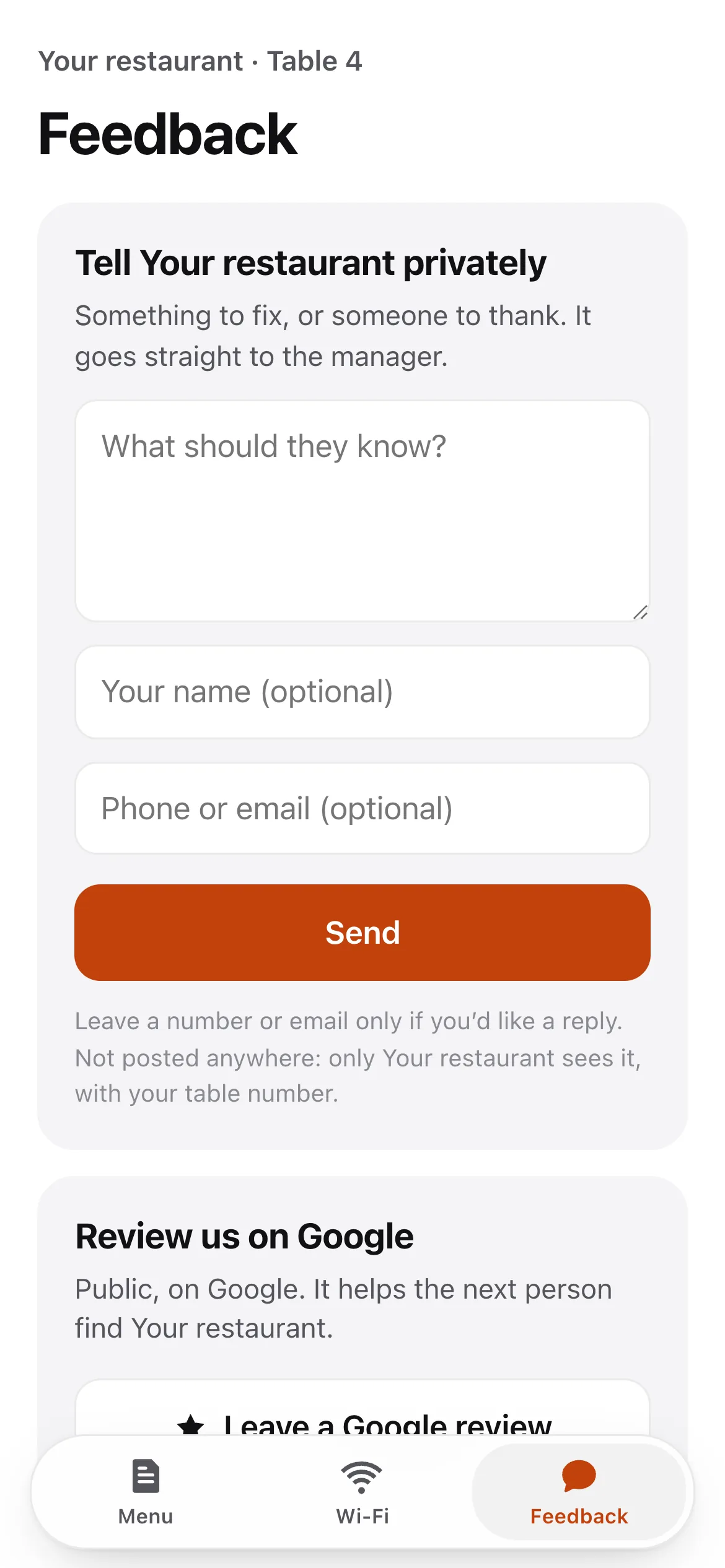 The Feedback tab: a private note to the restaurant, and a Google review button for everyone.