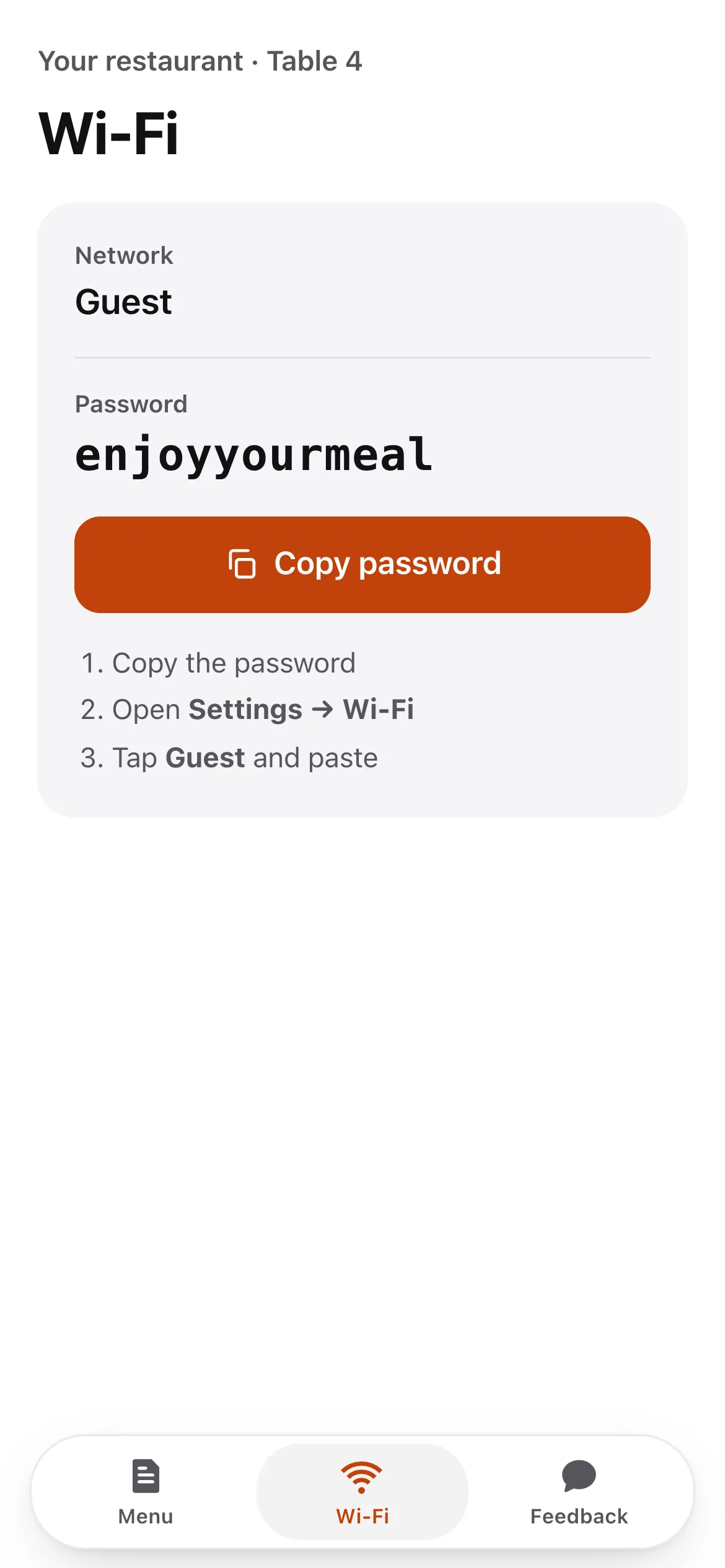 The Wi-Fi tab of the menu: network name, password and a copy button.