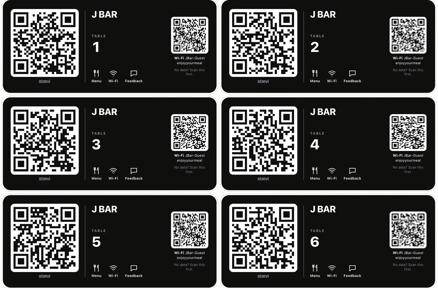 An A4 sheet of six black J Bar table labels, tables 1 to 6. Each has its own menu code, the table number, Menu, Wi-Fi and Feedback icons, and a second code for the Wi-Fi with the network name and password.